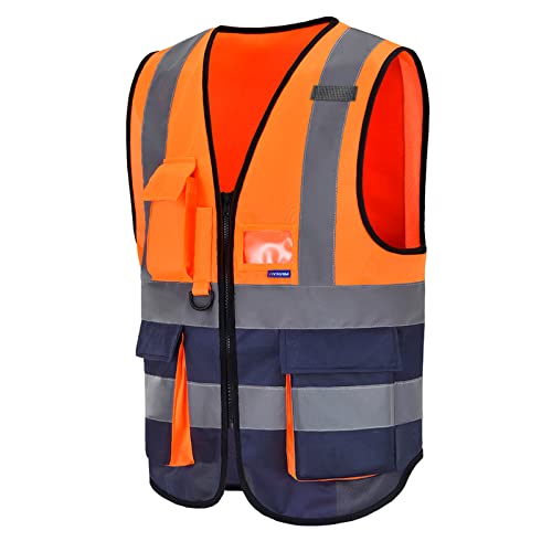 Image of Hi-Vis Safety Vest with 7 Pockets, Front Zipper, Orange /Navy, 2XL | Orange /Navy 2XL fabric work vest with reinforced pockets, clear ID holder and mic tabs for utility work; unisex workwear.
