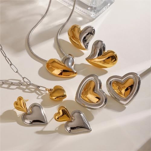 Ensemble collier et boucles d'oreilles cœur en acier inoxydable doré