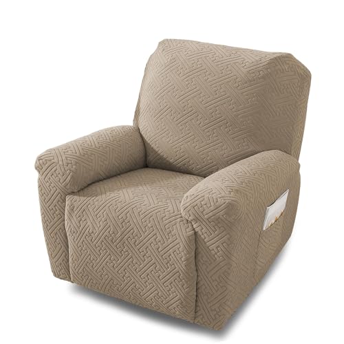 NORTHERN BROTHERS Recliner Chair Covers, Stretch Recliner Covers That Stay in Place 4 Pieces1 Seater with Storage Pockets Soft Recliner Slipcovers for Kids, Pet, Khaki