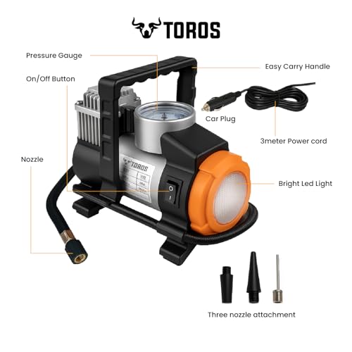 Image of TOROS Topper Heavy-Duty Tyre Inflator /Air Compressor with Auto Cut-Off & LED Light,120 Watts, Copper Armature, Metal Cylinder, 35 Liters Per Minute, 12V Dc, 150 Psi with 15 Months warranty (TOPPER)