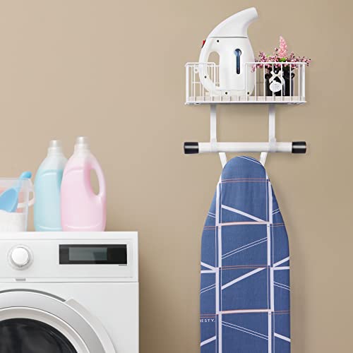 White Iron Board Hanger Wall Mount Ironing Board Holder For T And Y Leg Metal Iron Hanger Shelf With Wood Storage Basket & Hooks Laundry Room Iron Accessories Organizer Rack For Iron And Ironing Board #TOP2