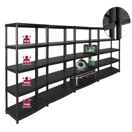 Kreher 4 Stück XXL Kunststoffregal, Schwerlastregal, Kellerregal 5 Böden, Schwarz, max. 350 kg Traglast pro Regal. TÜV Rheinland