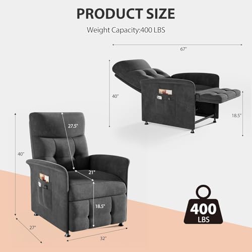 LegacyAmerhome Power Recliner Chair for Adults with Heat & Massage - Soft Fabric Electric Reclining Sofa with Remote Control, 3 Side Pockets, 180° Lay Sleeper for Living Room Home Theater, Dark Grey - Thumbnail 2