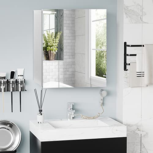 Kleankin Mueble De Baño Con Espejo Mueble De Pared Para Baño Con 3 Puertas Y Estantes Internos Ajustables 70x15x60 Cm Blanco