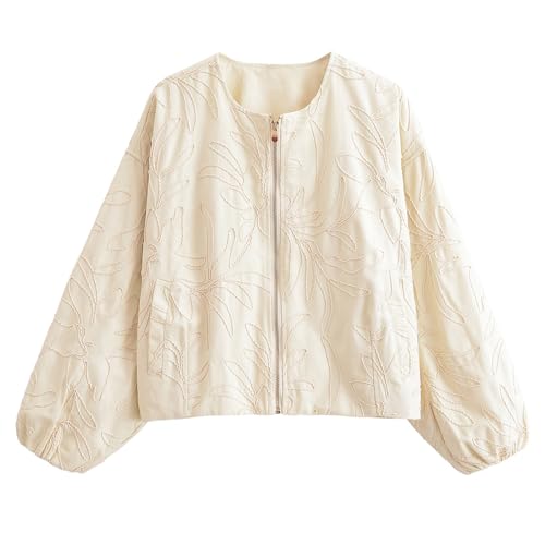 KEOMUD Women's Fall Casual Cropped Bomber Jacket,Fashion Lightweight Embroidered Jacket with Pockets