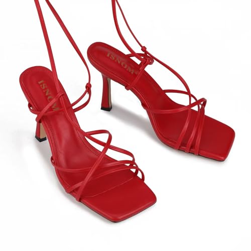 Image of ISNOM Lace Up Heels Sandals for Women - Square Open Toe, Stiletto High Heel