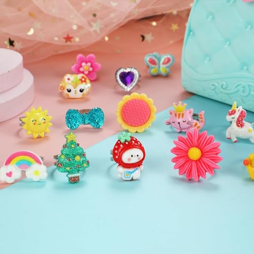 Image of STAR WORK Little Girl Jewel Rings in Box, Adjustable, No Duplication, 24 pcs Girl Pretend Play and Dress Up Rings For Up To 12 Years