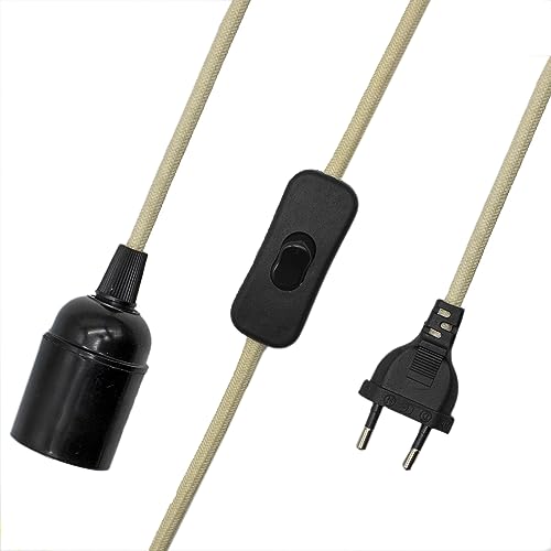 CABLEPELADO Portalámpara E27 con Interruptor, Adaptador de lámpara E27, Base para Bombilla E27, Enchufe + Interruptor ON/Off, Cable 1.50 Metros, Casquillo E27, Diseño Vintage, Cable Trenzado, Beige