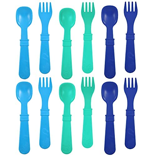 Re Play Made In Usa 12Pk Toddler Feeding Utensils Spoon And Fork Set - Made From Bpa Free Eco Friendly Recycled Milk Jugs - Dishwasher Safe - Microwave Safe - True Blue - Without Carrying Case #TOP28