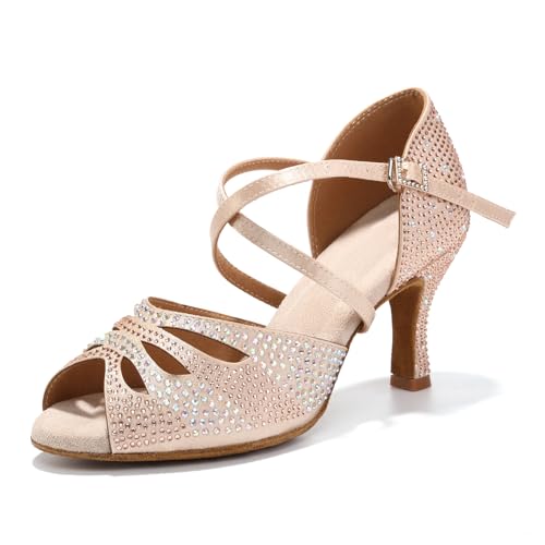 GYUBL Damen Latein Tanzschuhe Strass Nude Offene Zehe Salsa Ballroom Hochzeit Party Tanzende Schuhe 38.5 EU