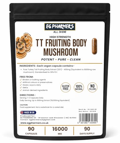 High Strength Turkkey Tails Fruiting Body Extract 8000mg | 20:1 Mushroom Extract | 30% PLY | 90 Vegan Capsules | 45 Day Supply | UK Packed | No Fillers or Bulking Agents | Vegan and Gluten Free