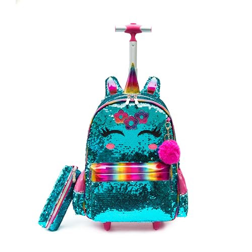 Mochila de Rodinhas Infantis CUTBLAJAT - Kit com Lancheira e Estojo - Estilo Unicórnio Azul