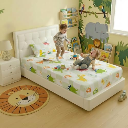 Image of Filymore Elastic Fitted Dinosaur Single Bedsheet with 1 Pillow Cover | 240 TC Soft Microfiber Bedspread | Fitted Bedcover for Mattress Size 72 inch x 36 inch Inchs | Green & White