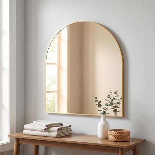 Image of BEAUTYPEAK 26 inchx28 inch Arch Bathroom Mirror, Wall Mounted Vanity Metal Frame Mirror for Bedroom, Entryway, Living Room, Gold