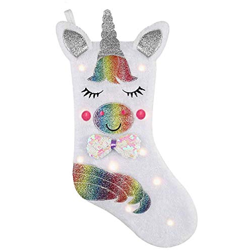 PGYFIS Unicorn Christmas Stocking with LED Light Sparkly Sequins Stockings for Holiday Decoration