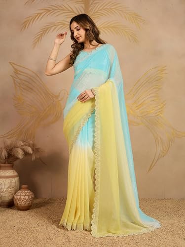 Image of TRENDMALLS Women's Tussar Silk Siroski With Zarkan Work Saree with Unstitch Blouse Piece
