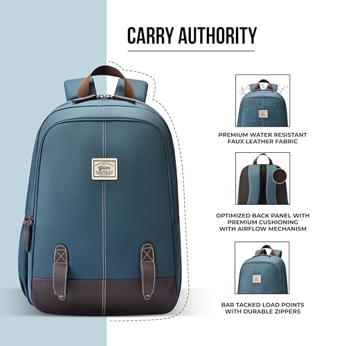 Image of Gear Eco Classic 16 inch /20L Medium Water Resistant Faux Leather Daypack | Casual Backpack | Travel Bag for Men /Women (Teal - Brown)