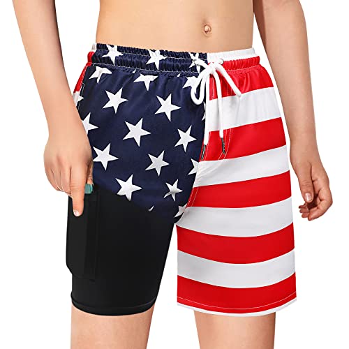 Boys Swim Trunks with Boxer Brief Liner Compression Swim Shorts Quick Dry Bathing Suit Swimwear 5-20 Years