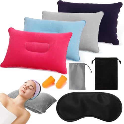 dogmoon Inflatable Pillow, 4PCS Inflatable Pillows for Camping, Portable Ultra Light Air Camping Pillows with Ear Plug/Eye Mas/Bag, Blow up Pillow for Travel Outdoors Fishing Beach(4 Colors, 22x34cm)