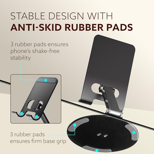 Image of AGARO Revolving Mobile Stand - 360 Rotating & Adjustable Phone Holder with Adjustable Height & Angle, Foldable, Sturdy Metal Body, Anti-Slip Base, Universal Stand for Smartphones & Tablets