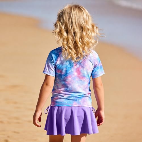 Image of BAOHULU Girls Two Piece Swimsuits Rash Guard Ruffle Bikini Skirt Short Sleeves Beach Dress Swimwear UPF 50+ 3-12Y