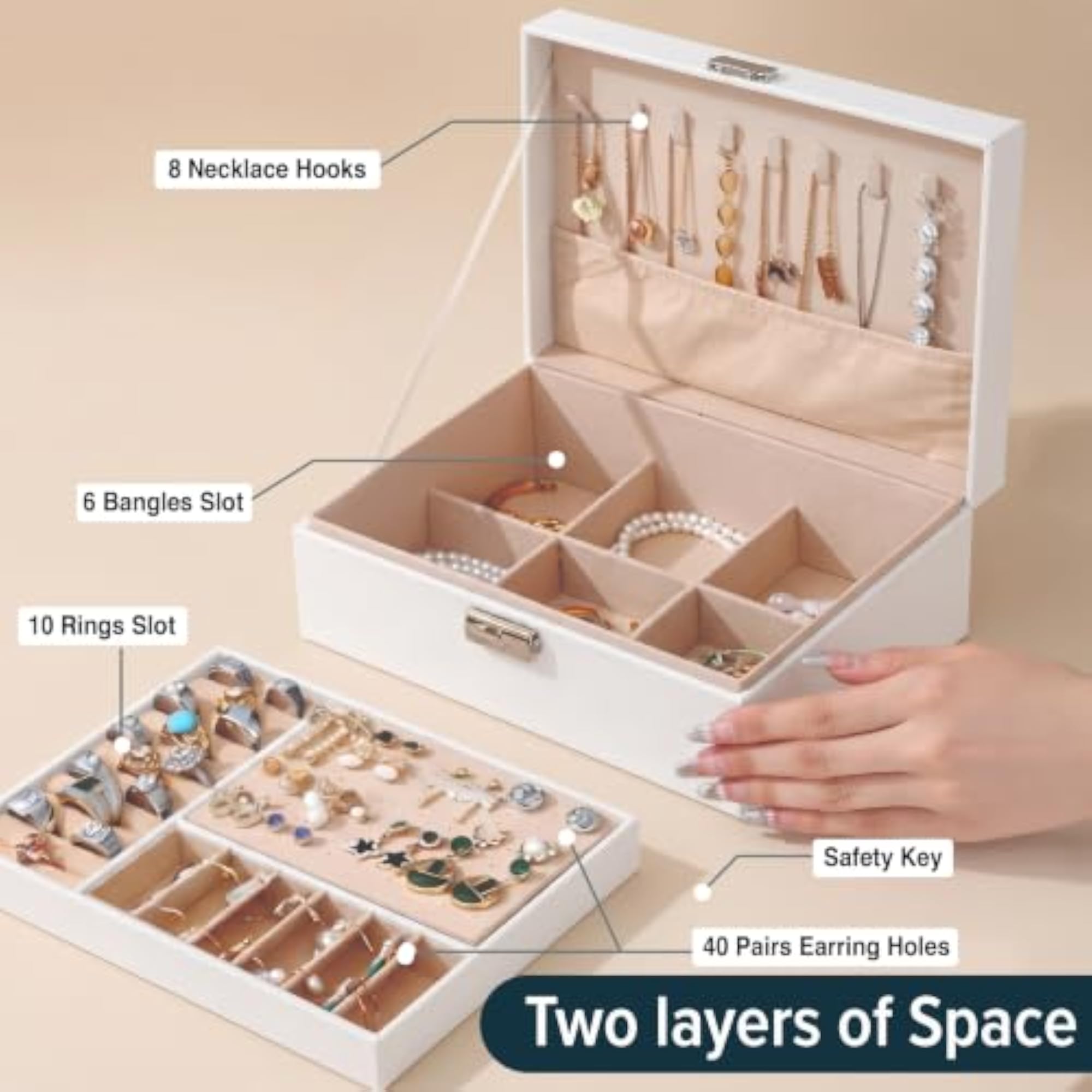 Lockable Jewelry Organizer Box for Women, 2 Layer PU Leather