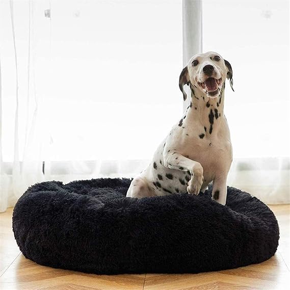 Image of ZEXSAZONE Summer Round Donut Calming Dog and Cat Bed, Anti-Anxiety Warming Soft Fluffy Faux Fur Plush Cushion for Medium Dogs, Cats & Puppies, Black Medium