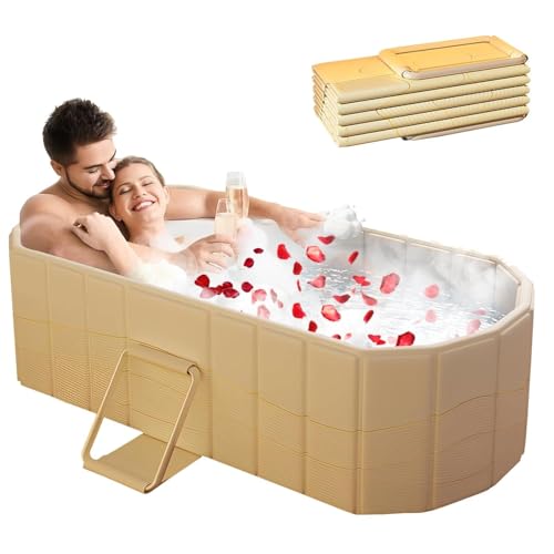 Image of Adult Foldable Bathtub for Adults, Extra-Large Collapsible Soaking Tub with Temp Meter, Drain Pipe & Cushion, Portable Hot Cold Water Bath Tub for Home Spa (Beige)