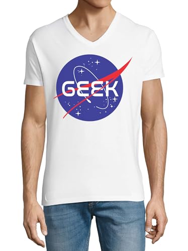 T-shirt Geek col en V en coton blanc pour homme au design minimaliste
