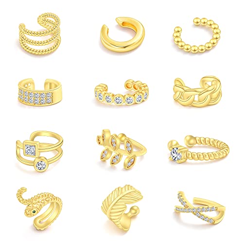 Gold Ear Cuff, Trendy Cute Ear Cuffs Non Piercing For Women, Fake Helix Cartilage Huggie Cross Cuff Earrings, 14K Gold Plated Hypoallergenic Adjustable Ear Cuff Earrings（12Pcs) (Kc010-3) #TOP1