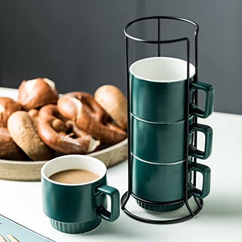Miamolo Coffee Mug Set With Rack Ceramic Porcelain Stacking Coffee Mugs Perfect For Coffee Drinks, Latte, Cappuccino,Tea, Serve For 4,Dark Green For Christmas, Graduation Gifts #TOP3