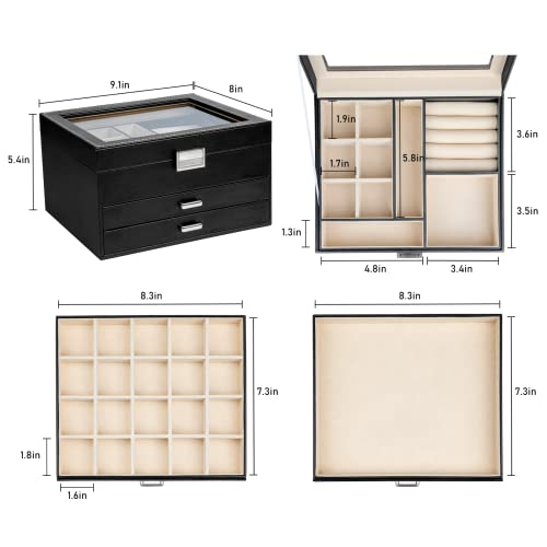V-Lafuylife Jewelry Box With Glass Lid, 3-Tier With 2 Drawers Large Jewelry Organizer Case Ample Storage Space Of Rings Earrings Necklace Bracelets Jewelry Boxes For Women Girls(Elegant Black) #TOP4