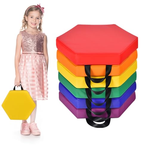 LIFEZEAL Juego de 6 Cojines de Silla para Niños, 6 Cojines de Asiento de Colores con Asa, Cojines de Suelo Apilables de Espuma y PU, Cojín Infantil de Descanso para Habitación Infantil (Hexágono)