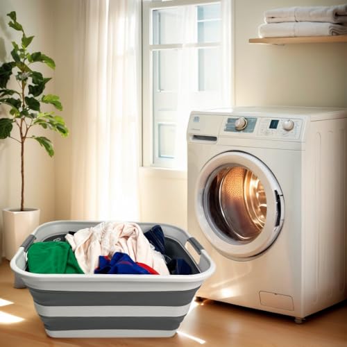 Image of SMMART Collapsible Plastic Laundry Basket with Handle /Foldable Pop Up Storage Hamper /Portable Laundry Organizer-Space Saving Washing Tub /Household Storage Supplies (Grey /Steel Grey, 42L)