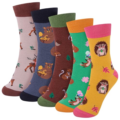 Riqiaqia 5 Paar Damen Socken Lustige Bunte Baumwolle Crew Socken mit Katze Hund Muster, Weihnachtsgeschenke für Damen Frauen, Einheitsgröße