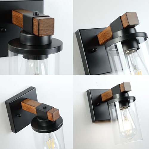 Image of Wonlity-Bathroom Vanity Light Fixtures Over Mirror, 1-Light Black and Wood Grain Color Bathroom Lights, Wall Sconces with Clear Glass Shade for Hallway Farmhouse Bedroom Living Room Staircase Kitchen