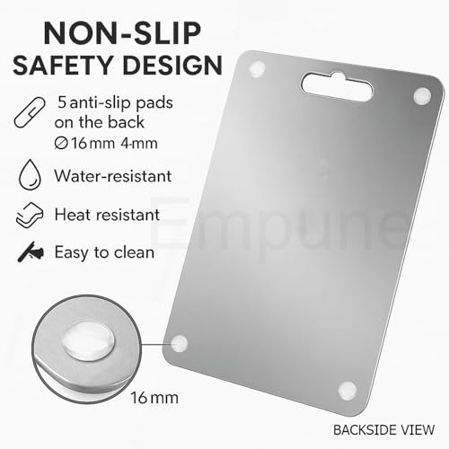 Image of Empune 304 Stainless Steel Rectangular Chopping Board for Kitchen | with 1 Steel Straw & Anti-Skid Silicon Pad | Both Side Usable | for Cutting Vegetables, Meat, Fish, Fruits | Medium | 31 x 21 cm