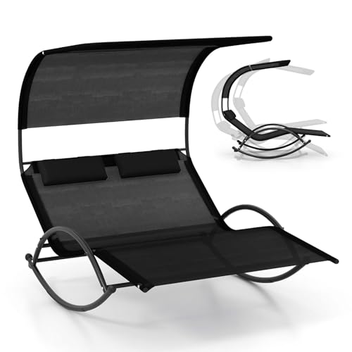 GOPLUS Transat à Bascule 2 Personnes Jardin Exterieur, Lit Repos Bascule 2 Places avec Auvent Pare-Soleil, Oreillers Appui-tête, pour Balcon, Piscine, Charge...