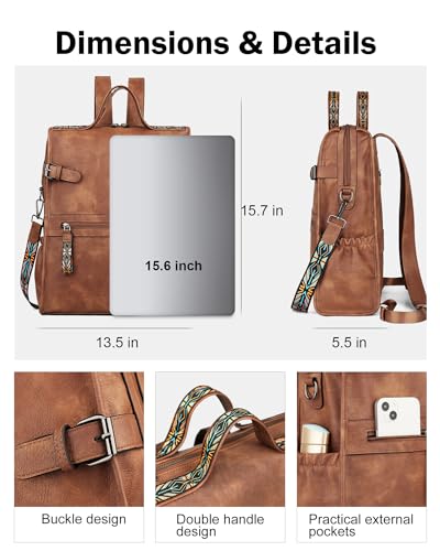 FADEON Leather Laptop Backpack for Women, Designer Ladies Work Travel Computer Backpack with Laptop Compartment Purse Brown3