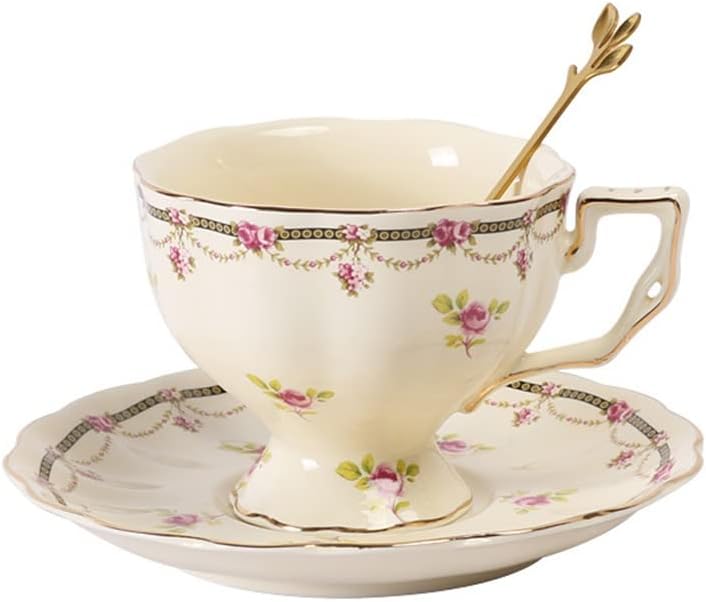 European Retro Rose Ceramic Coffee Cup Saucer Pot Set Tea Large With Spoon