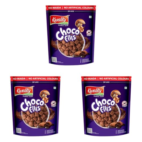 Image of Kwality Choco Fills 250g | Chocolate Flavor, No Maida | Crunchy Bites Filled with Rich Chocolate | Healthy Food & Breakfast Cereal for Kids | High in Protein & Fiber (Pack of 3)