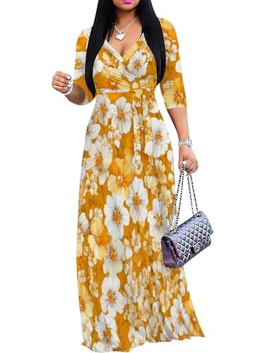 Image of Plus Size Dresses for Women Floral Print Maxi Dress Flowy 3 /4 Sleeve with Belt