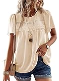 TUUHAW Camiseta Mujer con Cuello Redondo Talla Grande Camisa Suelto Basic Casual Elegante Túnica Encaje Manga Corta Tops Color Sólido Albaricoque XL