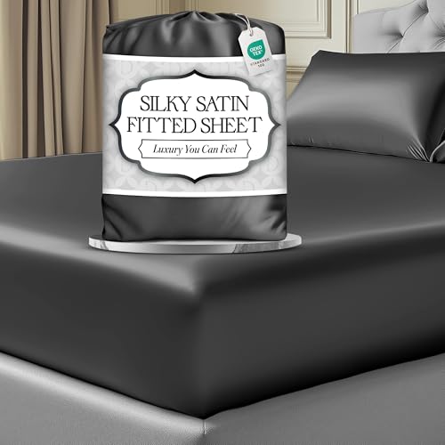 DECOLURE Satin Fitted Sheet Queen Size (1 PC) – Luxuriously Smooth & Softer than Silk Bed Sheets w/ 15 Inch Deep Pocket Hypoallergenic Wrinkle Free, Secure Snug Fit, Elastic Corner Straps (Stone Grey)