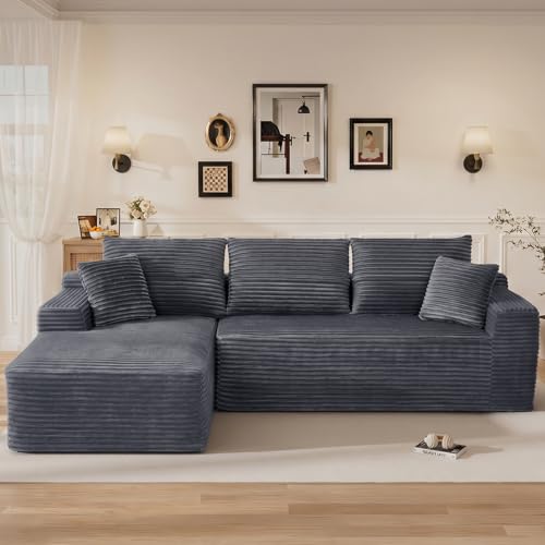 Image of 108 inch L Shaped Cloud Boneless Sectional Couches for Living Room, Modern Comfy Modular Deep Seat Memory Foam Compressed Corduroy Sofa Oversized Left Facing Chaise, No Assembly Required, Grey