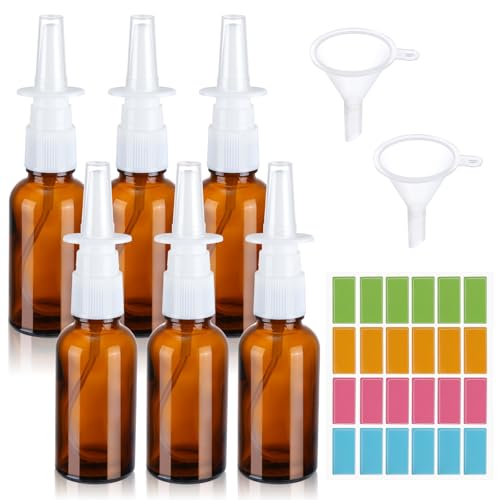 RISF 6 botellas vacías de aerosol nasal de 30 ml, botella de spray nasal de cristal marrón, reutilizables, pulverizador nasal con embudo, etiquetas para perfume, aceites esenciales, solución salina