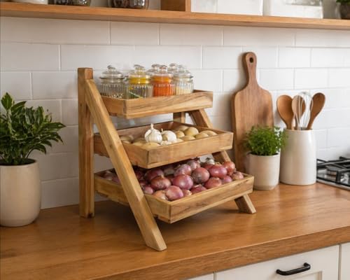 Image of Solid Wood 3-Tier Kitchen Organizer | Acacia Wood Vegetable & Fruit Storage Rack | Onion Potato Basket Stand | Pre-Assembled