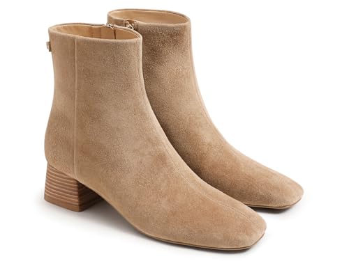 Coutgo Womens Ankle Boots Low Block Heel Square Toe Booties Side Zipper Winter Dress Shoes,Light Brown,Size 9