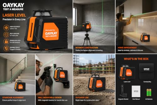 Image of Pro-ll25 Laser Line Level Test & Measure Green Beam Self Levelling 25m Cross Line Laser Level, With 4*aa Batteries For Home, Diy & Professional Use, 1 Year Warranty