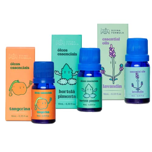 Divina Fórmula - Kit de 3 Óleos Essenciais Naturais de Hortelã-Pimenta, Lavandin e Tangerina - Óleo